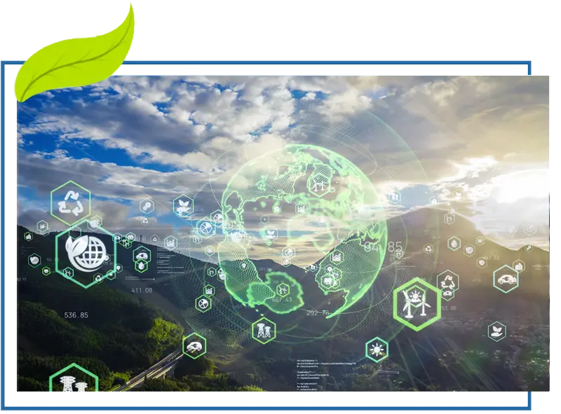 blogimage-final Digital green energy icons overlaid on a mountain landscape with a glowing Earth
